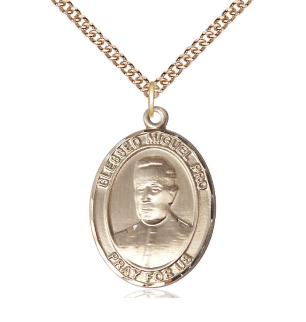 Bliss 14kt Gold Blessed Miguel Pro Pendant on a 18 inch 14kt Gold Heavy Curb Chain,