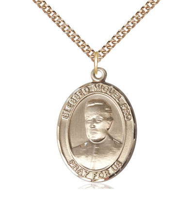 14kt Gold Blessed Miguel Pro Pendant on a 18 inch 14kt Gold Heavy Curb Chain, Bliss Manufacturing