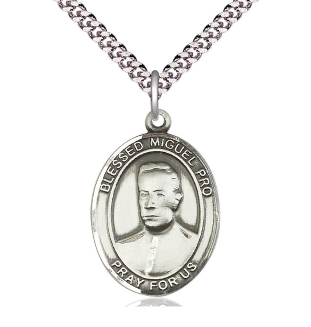 Bliss Large Sterling Silver Blessed Miguel Pro Pendant on a 24 inch Light Rhodium Heavy Curb Chain,