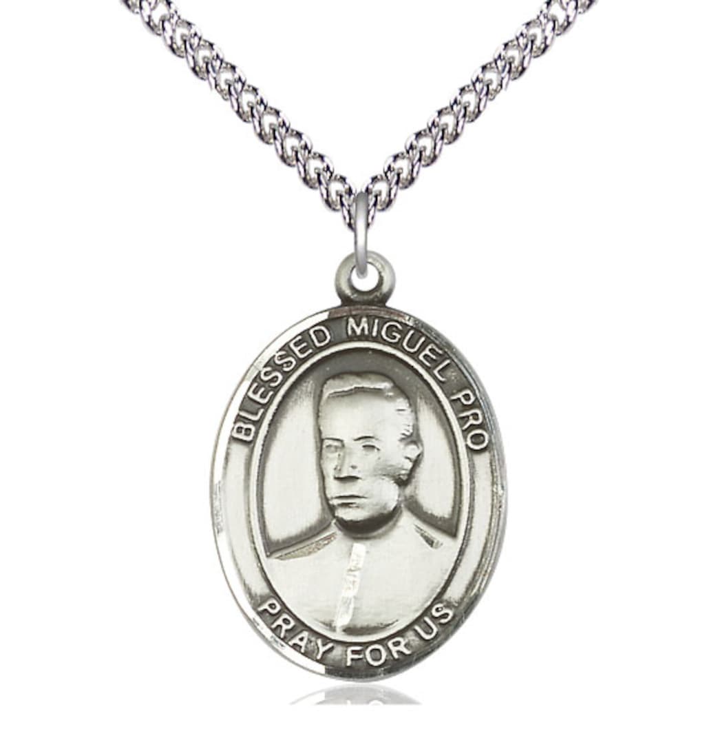 Bliss Large Sterling Silver Blessed Miguel Pro Pendant on a 24 inch Sterling Silver Heavy Curb Chain,