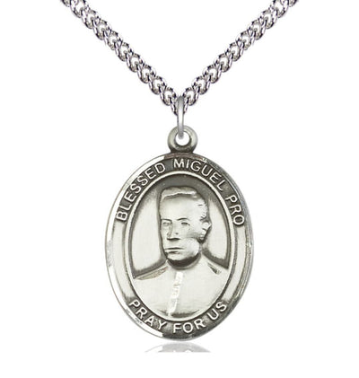 Large Sterling Silver Blessed Miguel Pro Pendant on a 24 inch Sterling Silver Heavy Curb Chain, Bliss Manufacturing