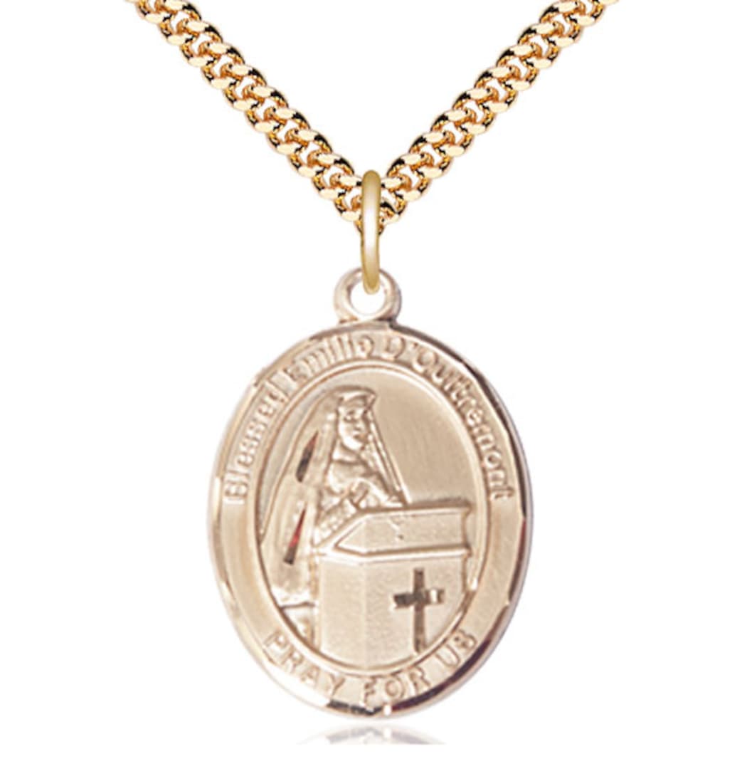 Bliss 14kt Gold Filled Blessed Emilee Doultremont Pendant on a 24 inch Gold Plate Heavy Curb Chain,