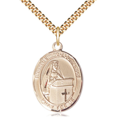 14kt Gold Filled Blessed Emilee Doultremont Pendant on a 24 inch Gold Plate Heavy Curb Chain, Bliss Manufacturing