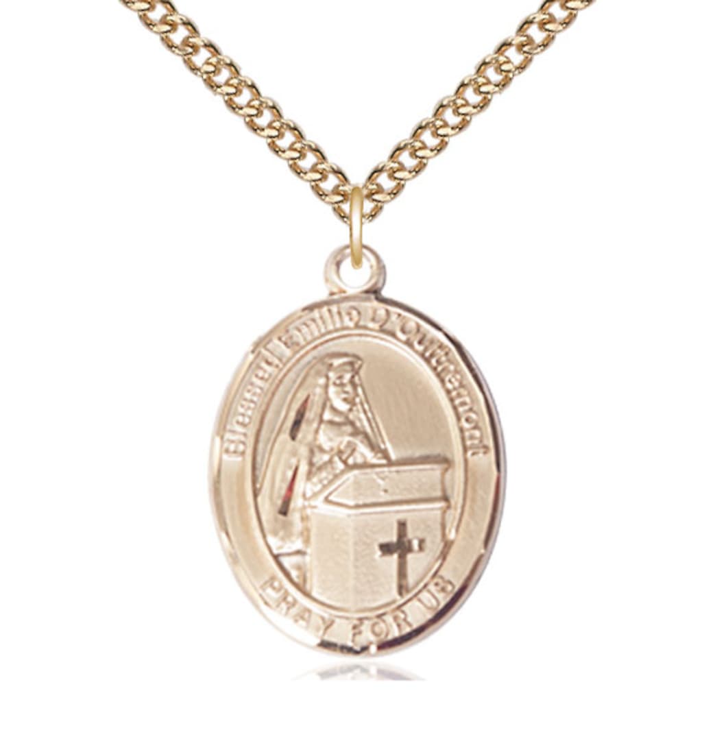 Bliss 14kt Gold Filled Blessed Emilee Doultremont Pendant on a 24 inch Gold Filled Heavy Curb Chain,