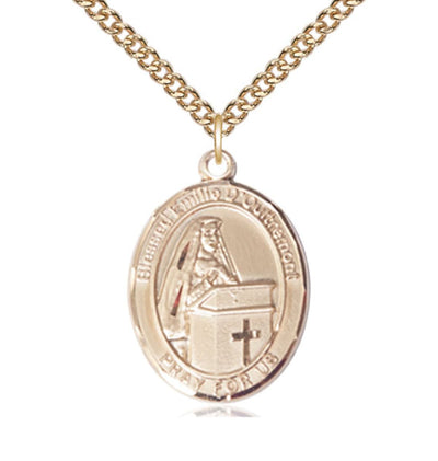 14kt Gold Filled Blessed Emilee Doultremont Pendant on a 24 inch Gold Filled Heavy Curb Chain, Bliss Manufacturing