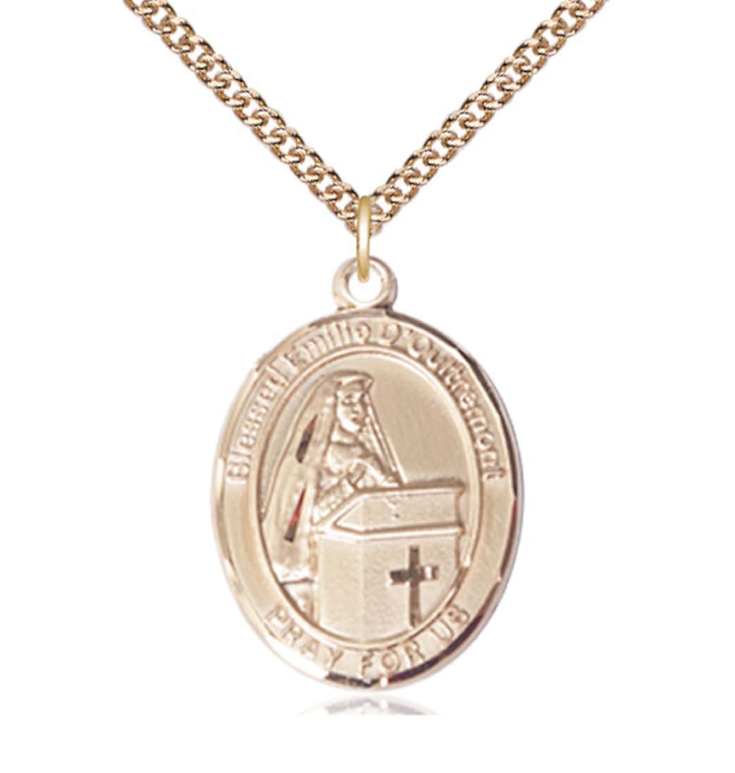 Bliss Manufacturing 14kt Gold Blessed Emilee Doultremont Pendant on a 18 inch 14kt Gold Heavy Curb Chain,