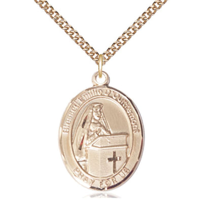 14kt Gold Blessed Emilee Doultremont Pendant on a 18 inch 14kt Gold Heavy Curb Chain, Bliss Manufacturing