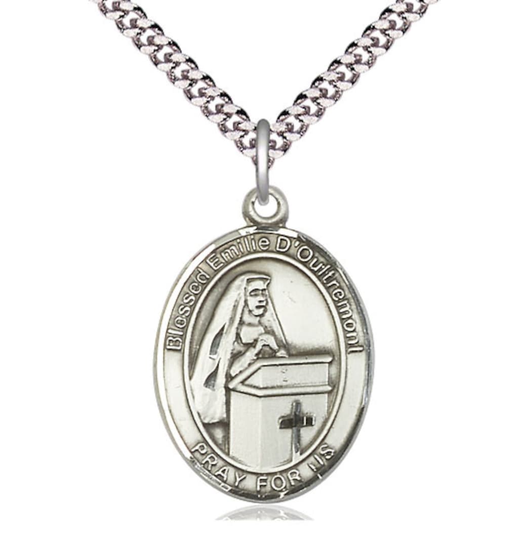 Bliss Pewter Blessed Emilee Doultremont Pendant on a 24 inch Light Rhodium Heavy Curb Chain,