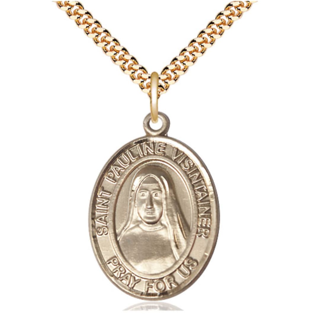 Bliss 14kt Gold Filled St Pauline Visintainer Pendant on a 24 inch Gold Plate Heavy Curb Chain,