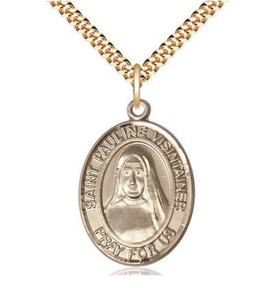 14kt Gold Filled St Pauline Visintainer Pendant on a 24 inch Gold Plate Heavy Curb Chain, Bliss Manufacturing