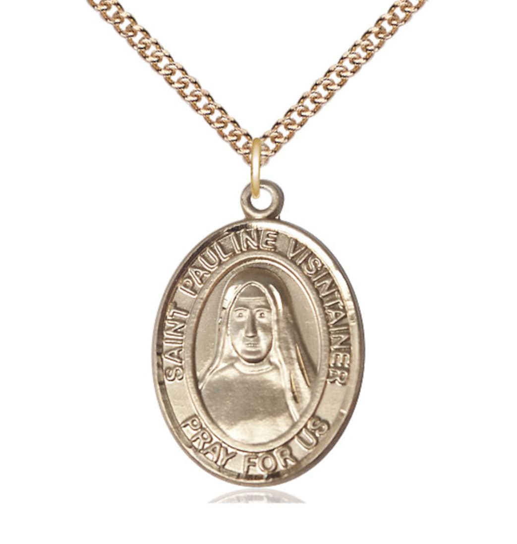 Bliss Manufacturing 14kt Gold St Pauline Visintainer Pendant on a 24 inch 14kt Gold Heavy Curb Chain,