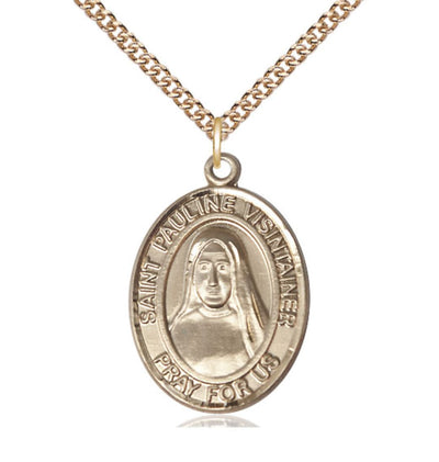 14kt Gold St Pauline Visintainer Pendant on a 24 inch 14kt Gold Heavy Curb Chain, Bliss Manufacturing