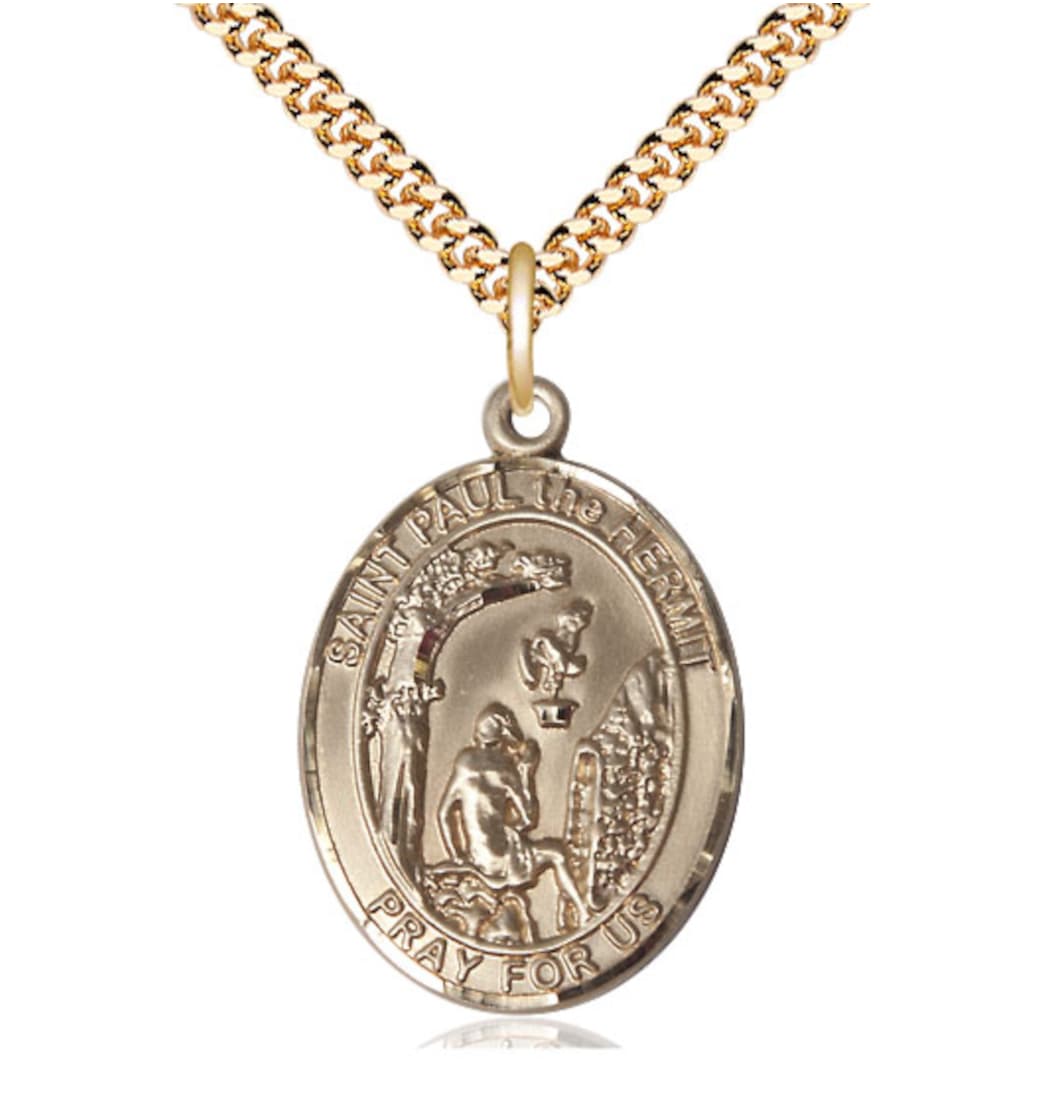 Bliss Large St Paul the Hermit Gold-filled Oval Engravable Medal Necklace w/Plated Chain,