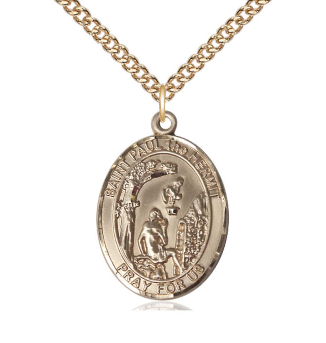 Bliss Large St Paul the Hermit Gold-filled Oval Engravable Medal Necklace w/Gold-filled Chain,