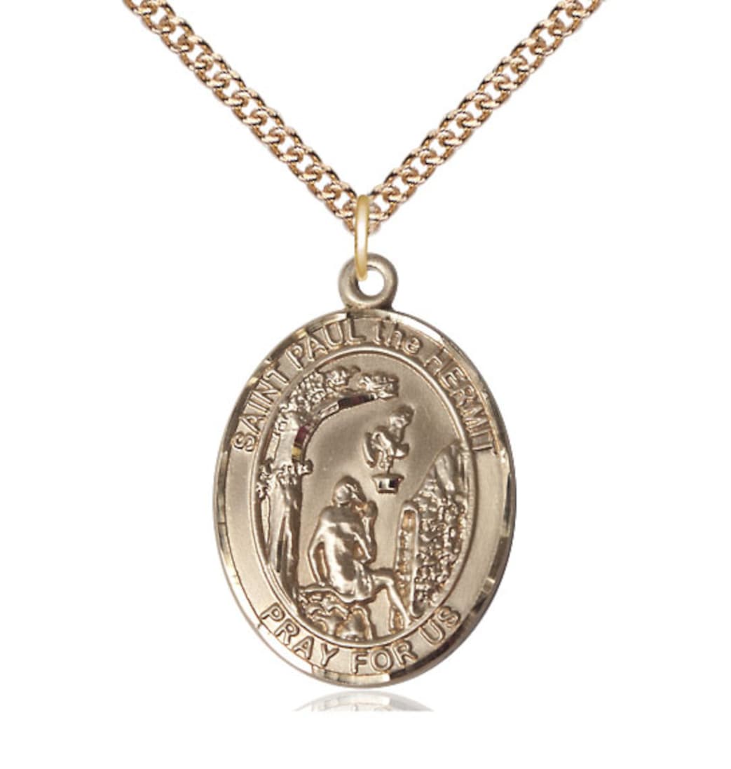 Bliss Manufacturing St Paul the Hermit 14kt Gold Oval Large Medal with 14kt Gold Chain,