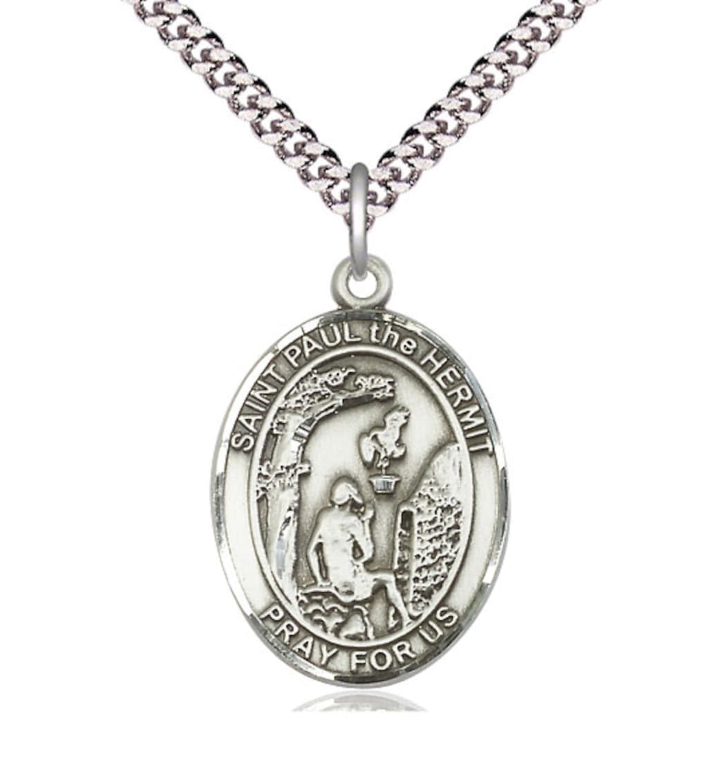 Bliss Large St Paul the Hermit Pewter Oval Engravable Medal Necklace with Chain,