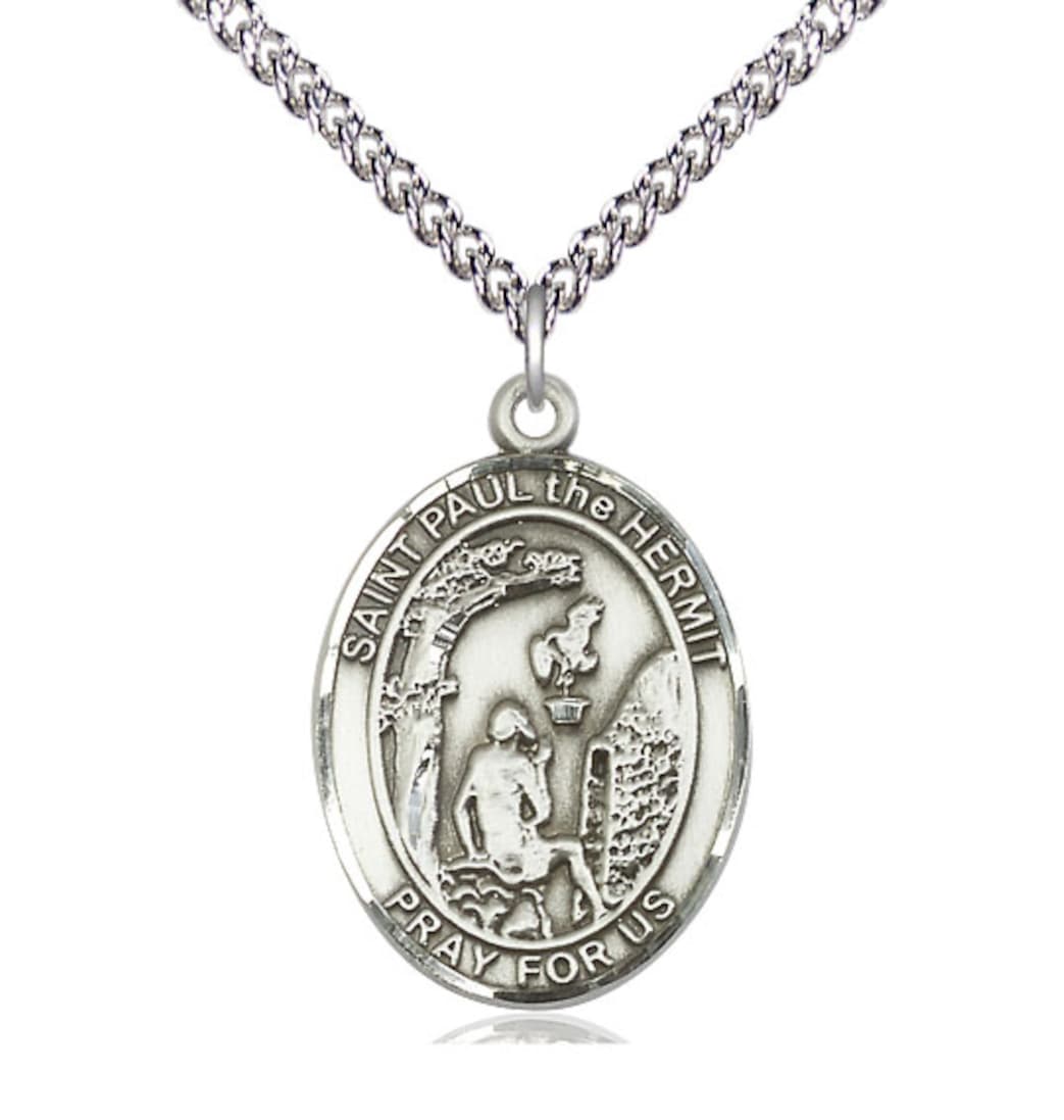 Bliss St Paul the Hermit Sterling Silver Oval Larger Medal Necklace w/Sterling Chain,