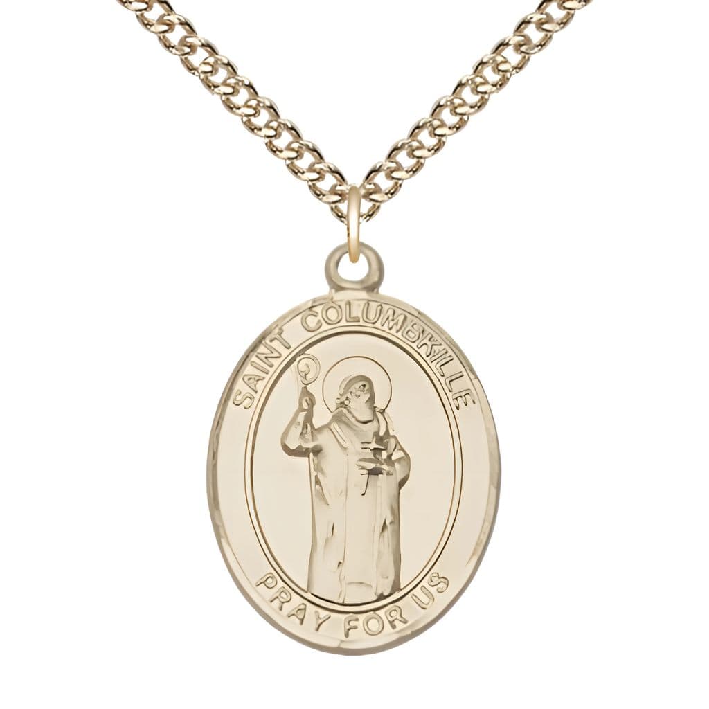St. Columbkille Gold-filled Oval Engravable Medal Necklace with Gold-filled Chain, 1-inch,