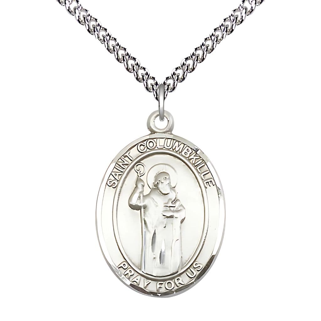 St. Columbkille Sterling Silver Oval Engravable Medal Necklace with Sterling Silver Chain, 1-inch,