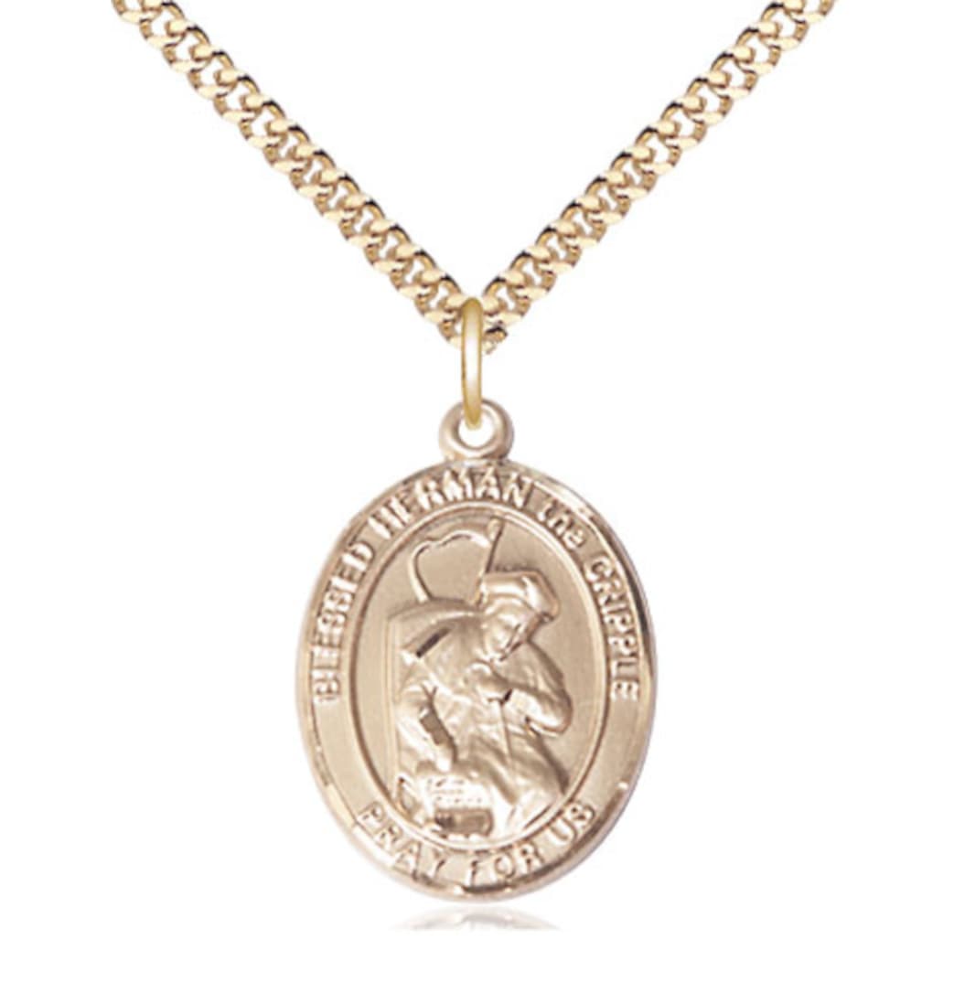 Bliss Large 14kt Gold Blessed Herman the Cripple Pendant on a 18 inch 14kt Gold Heavy Curb Chain,