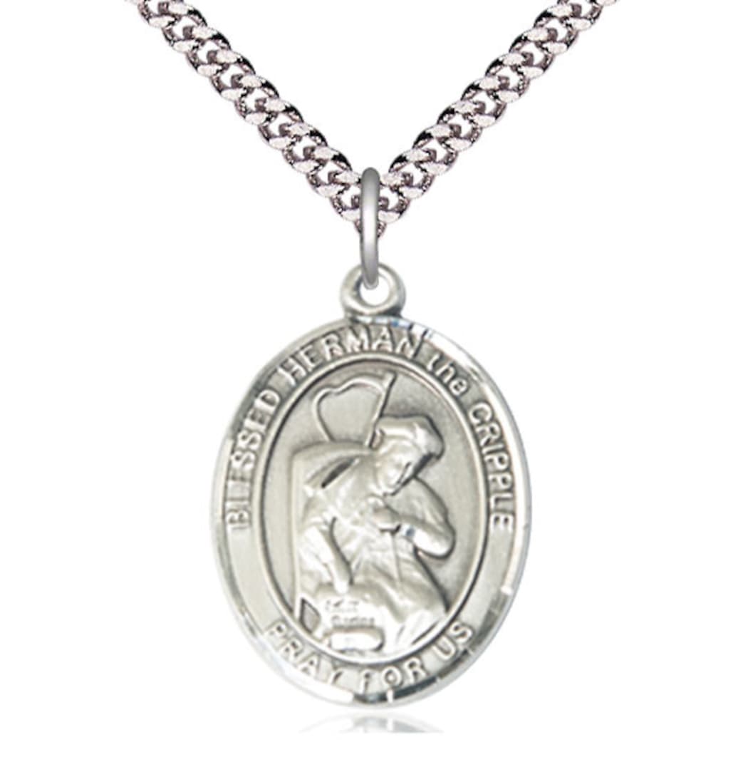 Bliss Large  Sterling Silver Blessed Herman the Cripple Pendant on a 24 inch Light Rhodium Heavy Curb Chain,