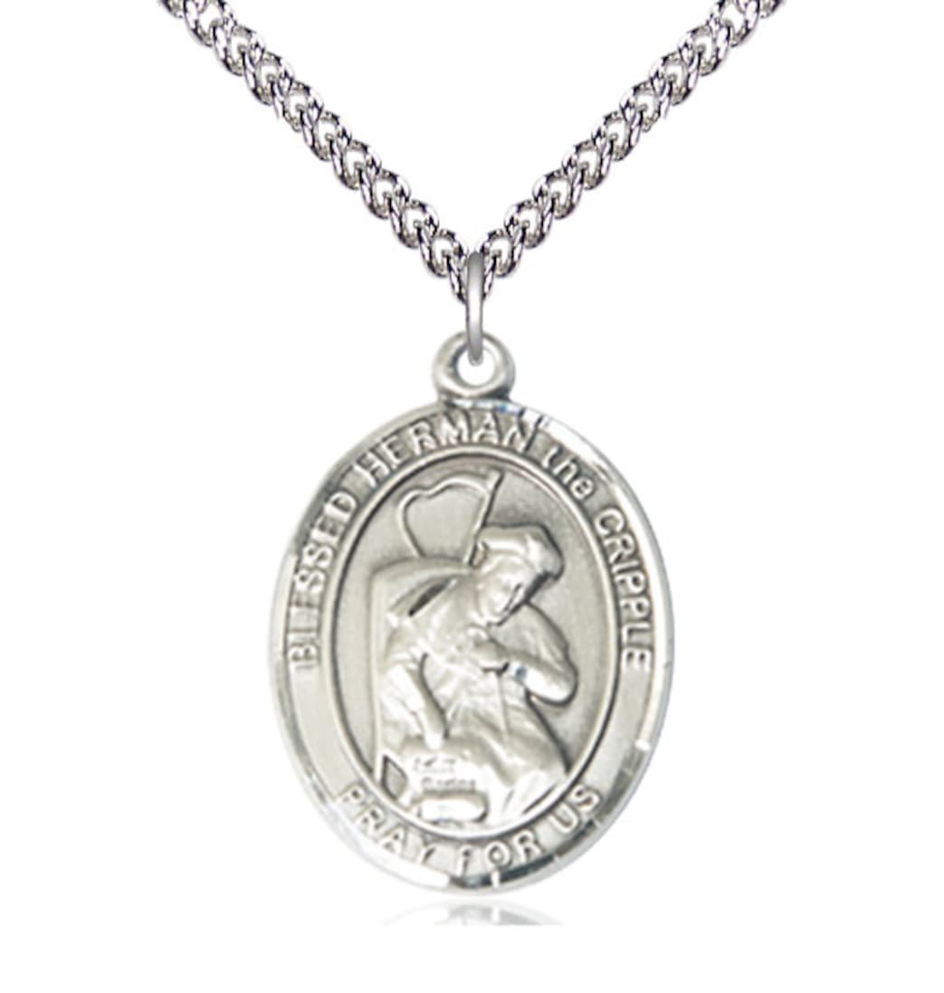 Bliss Large Sterling Silver Blessed Herman the Cripple Pendant on a 24 inch Sterling Silver Heavy Curb Chain,