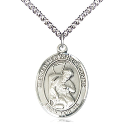 Large Sterling Silver Blessed Herman the Cripple Pendant on a 24 inch Sterling Silver Heavy Curb Chain, Bliss Manufacturing