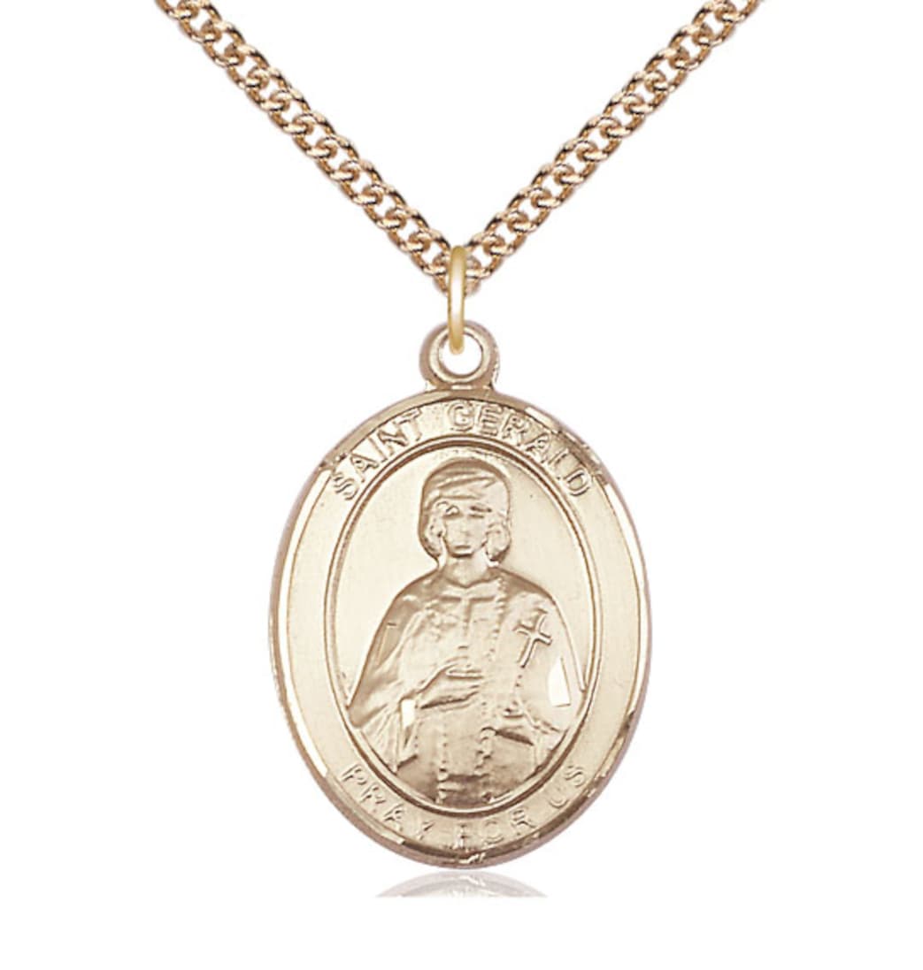 Bliss Manufacturing Large St Gerald 14kt Gold Oval Medal with 14kt Gold Chain,