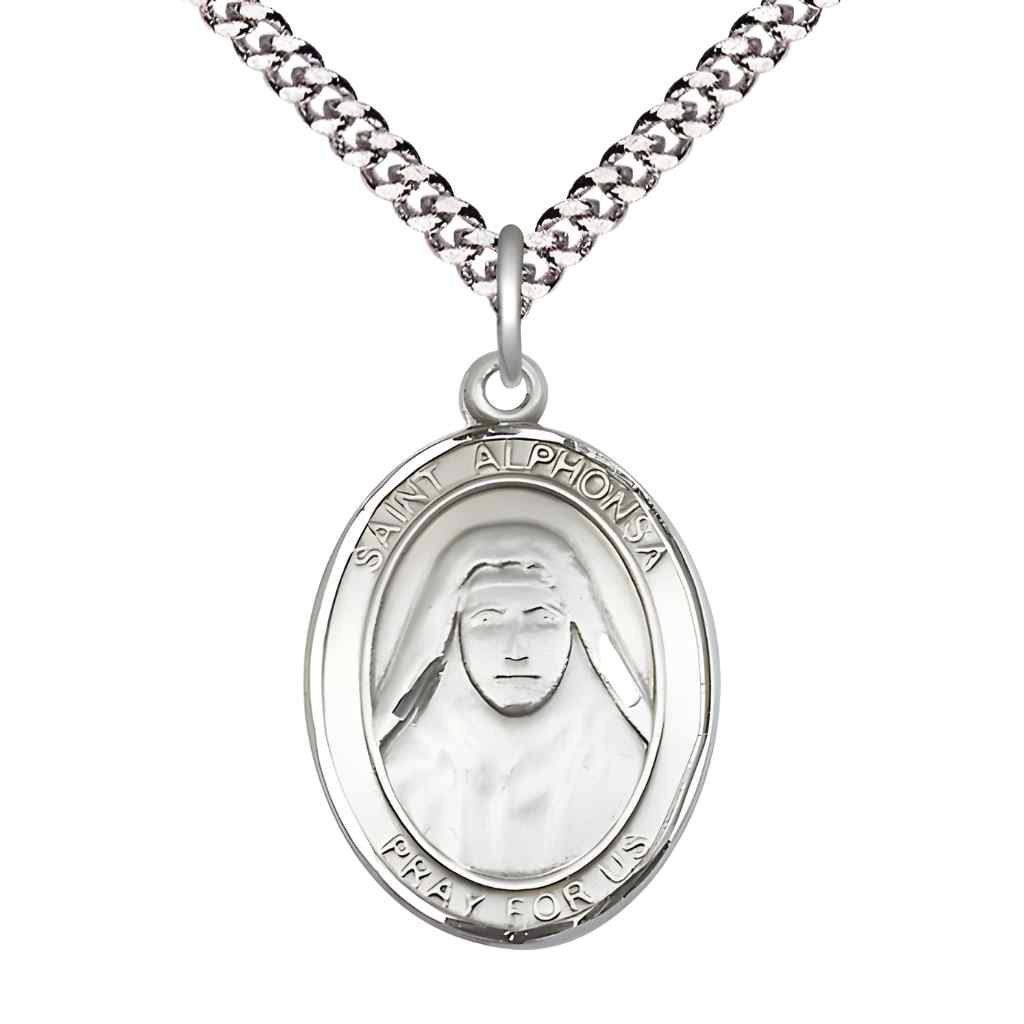 Large Saint Alphonsa of India Pewter Oval Medal Pendant with 24" Rhodium-plated Curb Chain with Deluxe Gift Box | Bliss Manufacturing