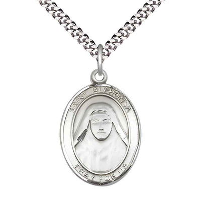 Large Saint Alphonsa of India Pewter Oval Medal Pendant with 24" Rhodium-plated Curb Chain with Deluxe Gift Box | Bliss Manufacturing