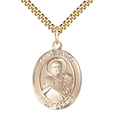 St. Viator of Bergamo 14kt Gold-filled Oval Medal Pendant with Gold-plated Chain, Measures 1-inch tall by 3/4-inch wide, Bliss Manufacturing