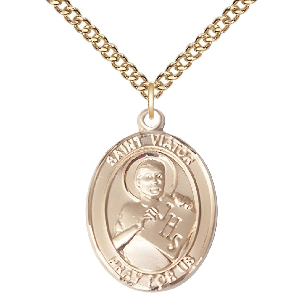 Bliss St. Viator of Bergamo 14kt Gold-filled Oval Medal Pendant with Gold-filled Chain, Measures 1-inch tall by 3/4-inch wide.