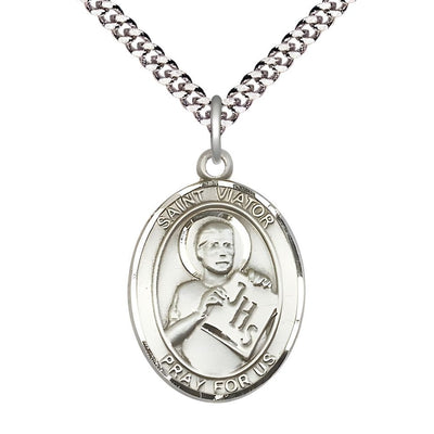 St. Viator of Bergamo Pewter Oval Medal Pendant with Rhodium-plated Chain, Measures 1-inch tall by 3/4-inch wide, Bliss Manufacturing