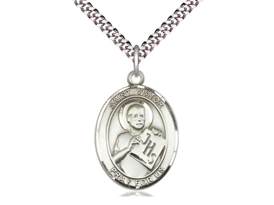 Bliss Large Sterling Silver St Viator of Bergamo Pendant on a 24 inch Light Rhodium-plated Heavy Curb Chain,