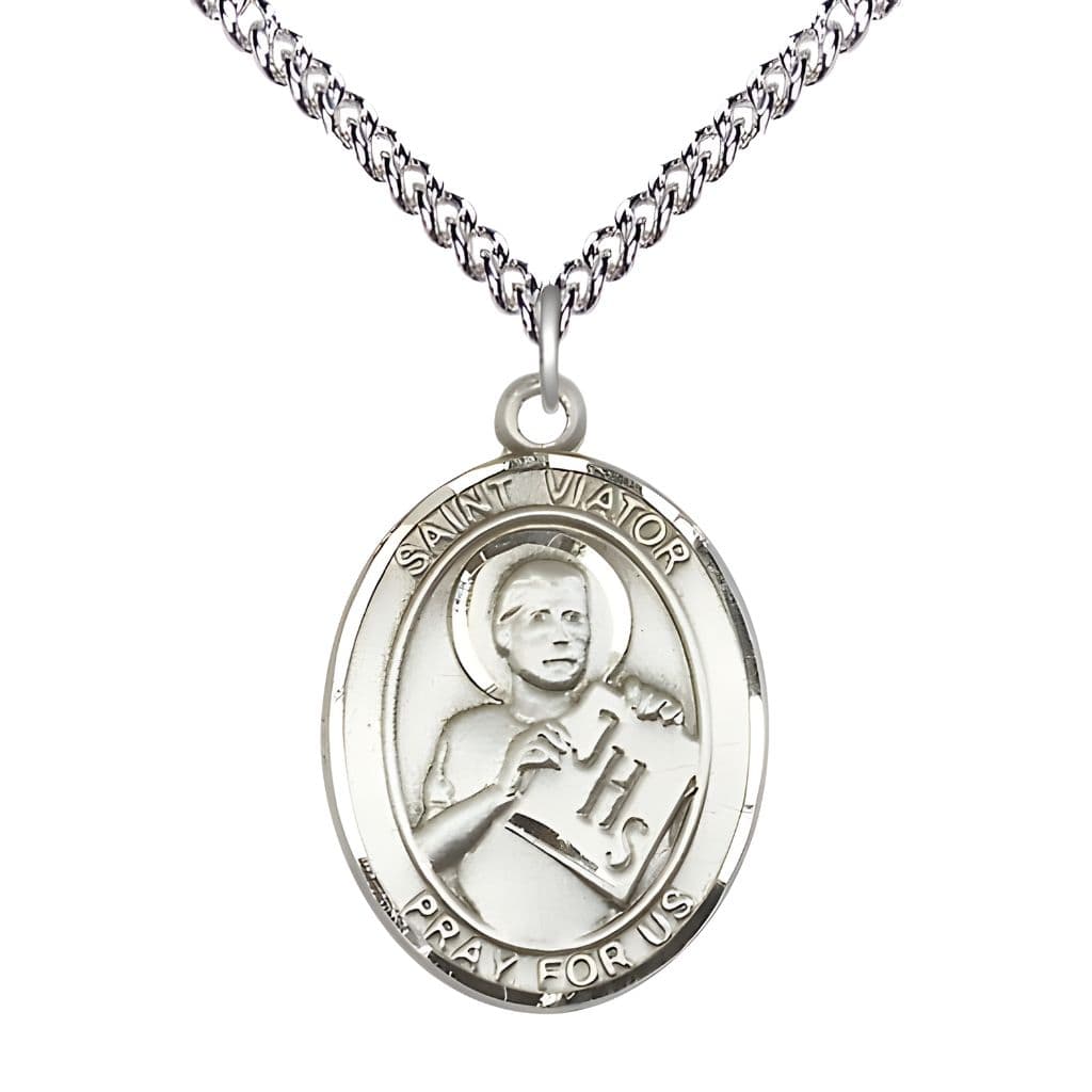 Bliss St. Viator of Bergamo Sterling Silver Oval Medal Pendant with Sterling Chain, Measures 1-inch tall by 3/4-inch wide.