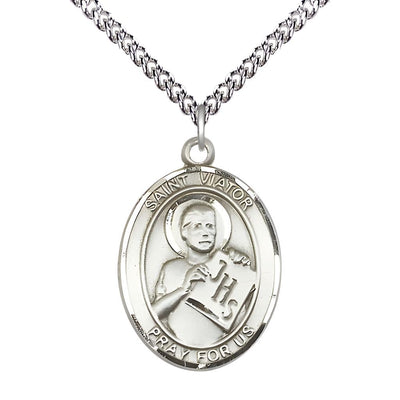 St. Viator of Bergamo Sterling Silver Oval Medal Pendant with Sterling Chain, Measures 1-inch tall by 3/4-inch wide, Bliss Manufacturing