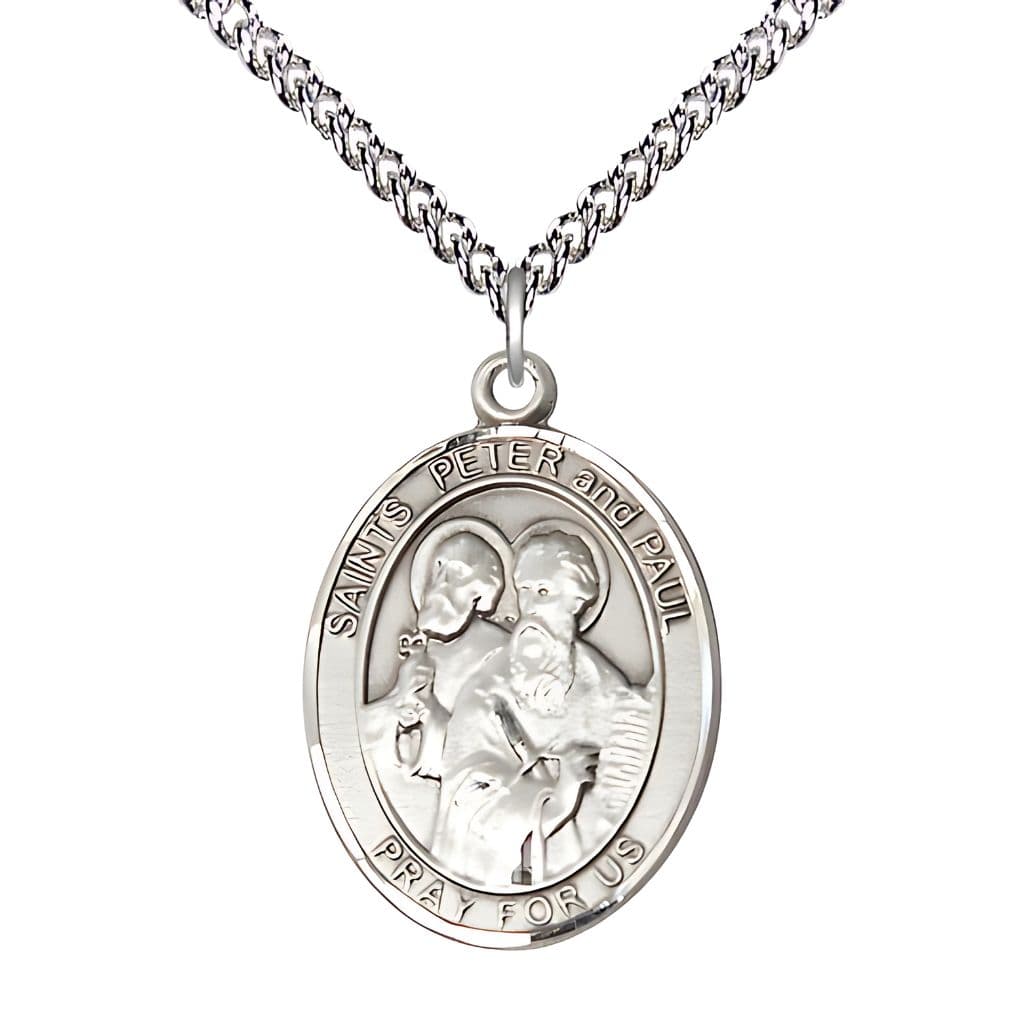 Bliss St. Peter & St. Paul Sterling Silver Oval Engravable 1-inch with Sterling Chain,