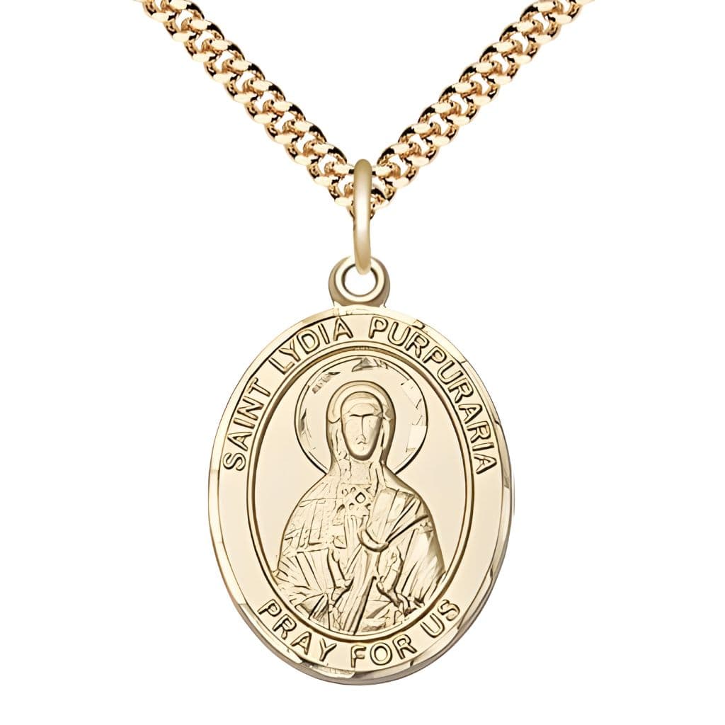 Bliss Lydia Purpuraria 14kt Gold-filled Oval Medal Pendant with Gold-plated Chain, Measures 1-inch tall by 3/4-inch wide.