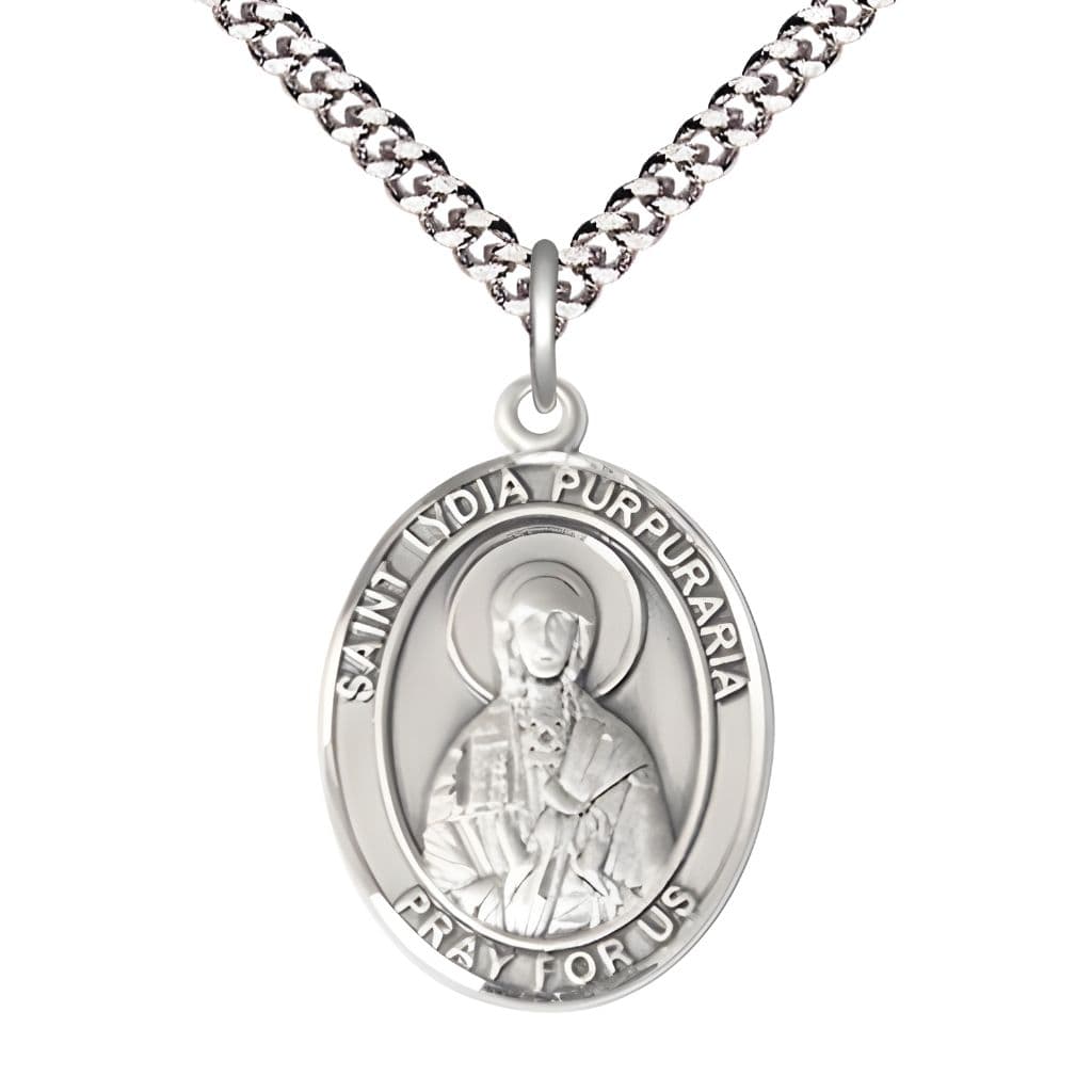 Bliss Lydia Purpuraria Pewter Oval Medal Pendant with Rhodium-plated Chain, Measures 1-inch tall by 3/4-inch wide.