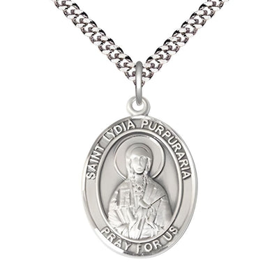 Lydia Purpuraria Pewter Oval Medal Pendant with Rhodium-plated Chain, Measures 1-inch tall by 3/4-inch wide, Bliss Manufacturing