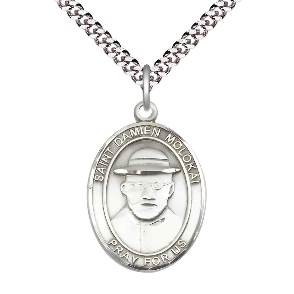 Large Saint Damien of Molokai Pewter Oval Medal Pendant with 24" Rhodium-plated Curb Chain in Deluxe Gift Box | Bliss Manufacturing