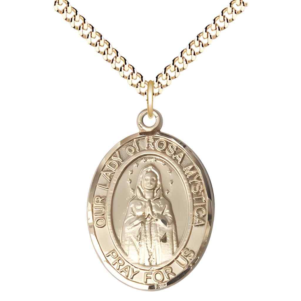 Our Lady of Rosa Mystica 14kt Gold-filled Oval Medal Pendant with Gold-plated Chain, Deluxe Gift Box.
