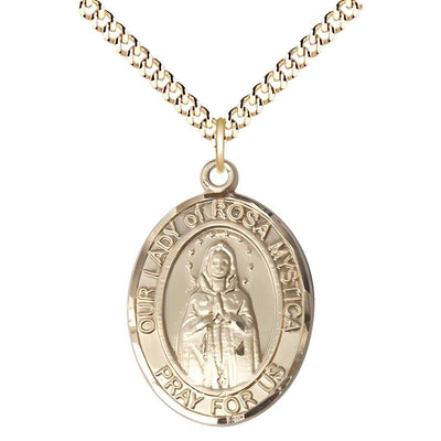 Our Lady of Rosa Mystica 14kt Gold-filled Oval Medal Pendant with Gold-plated Chain, Deluxe Gift Box.