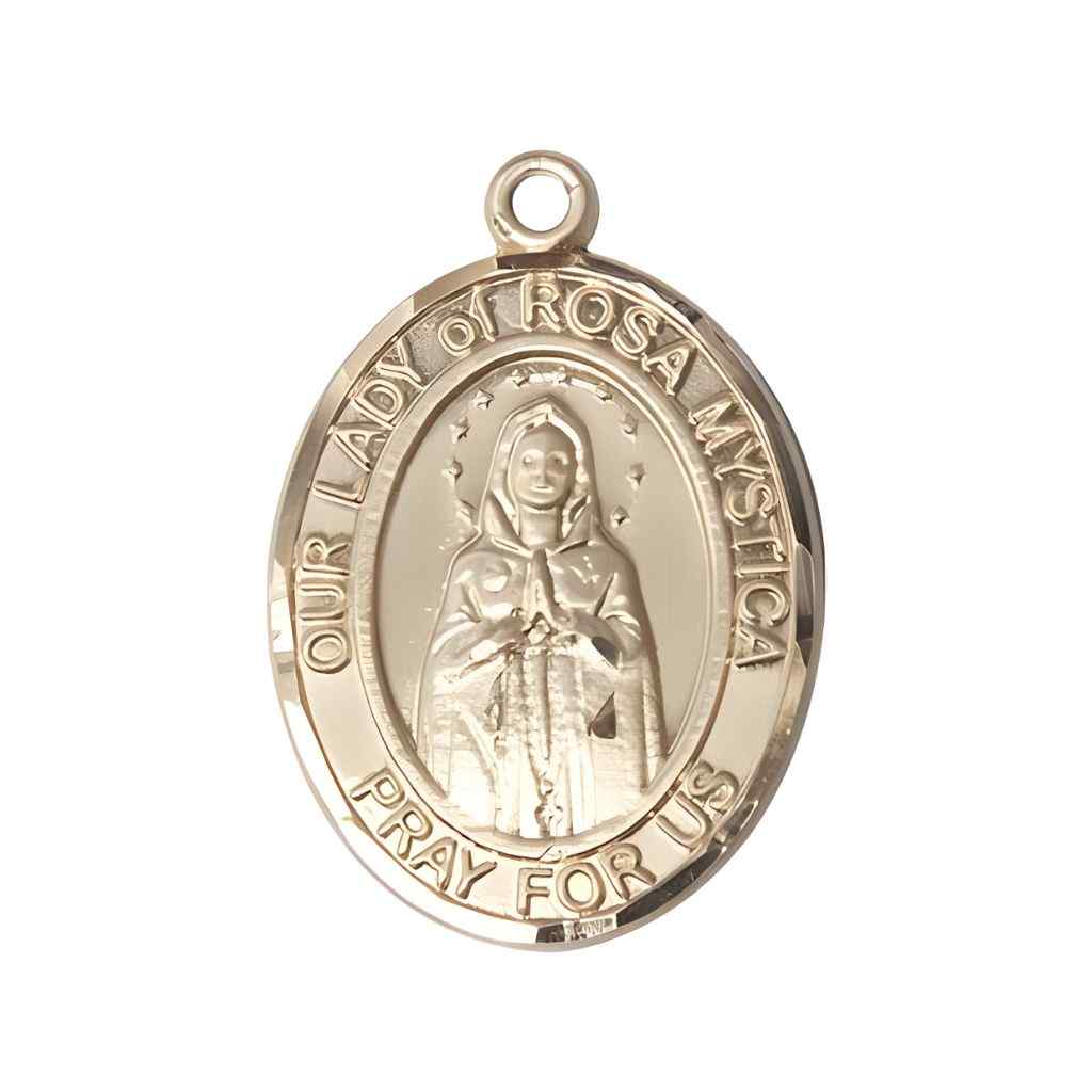 Our Lady of Rosa Mystica 14kt Gold Oval Medal Pendant, Deluxe Gift Box.