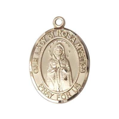 Our Lady of Rosa Mystica 14kt Gold Oval Medal Pendant, Deluxe Gift Box.