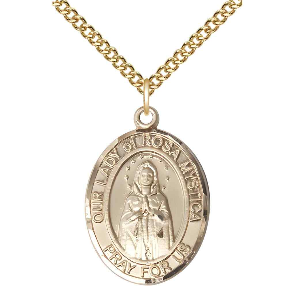 Our Lady of Rosa Mystica 14kt Gold Oval Medal Pendant with 14kt Gold Chain, Deluxe Gift Box.