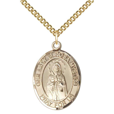 Our Lady of Rosa Mystica 14kt Gold Oval Medal Pendant with 14kt Gold Chain, Deluxe Gift Box.