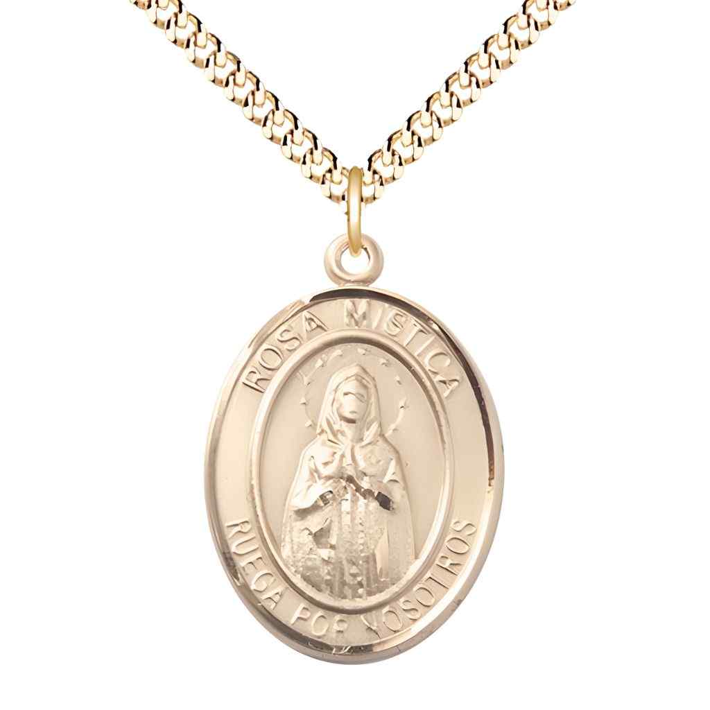 Large Spanish Rosa Mystica 14kt Gold-filled Oval Medal Pendant with Gold-plated Chain, Deluxe Gift Box.