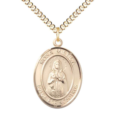 Large Spanish Rosa Mystica 14kt Gold-filled Oval Medal Pendant with Gold-plated Chain, Deluxe Gift Box.