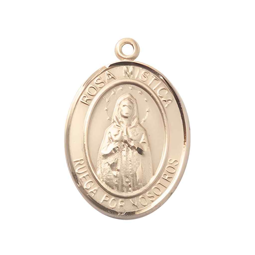 Large Spanish Rosa Mystica 14kt Gold Oval Medal Pendant, Deluxe Gift Box.